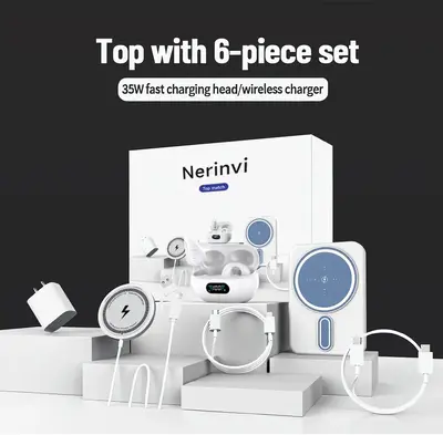 Nerinvi 6 in 1 Magnetic Wireless Charging & Audio support group - 5000mah mobile power supply, 20W Fast charger, Type-C to Fa...