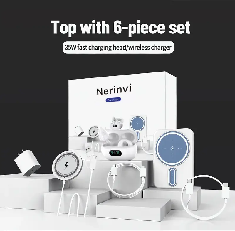 Nerinvi 6 in 1 Magnetic Wireless Charging & Audio support group - 5000mah mobile power supply, 20W Fast charger, Type-C to Fa...