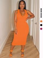 Women's Solid Ribbed  Tank Dress, Casual Sleeveless V Neck   Dress for Summer, Ladies Clothes for Daily Wear
