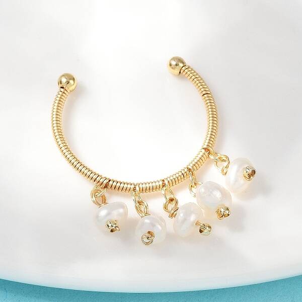 Brass Natural Freshwater Pearl Adjustable Open Cuff Rings for Women