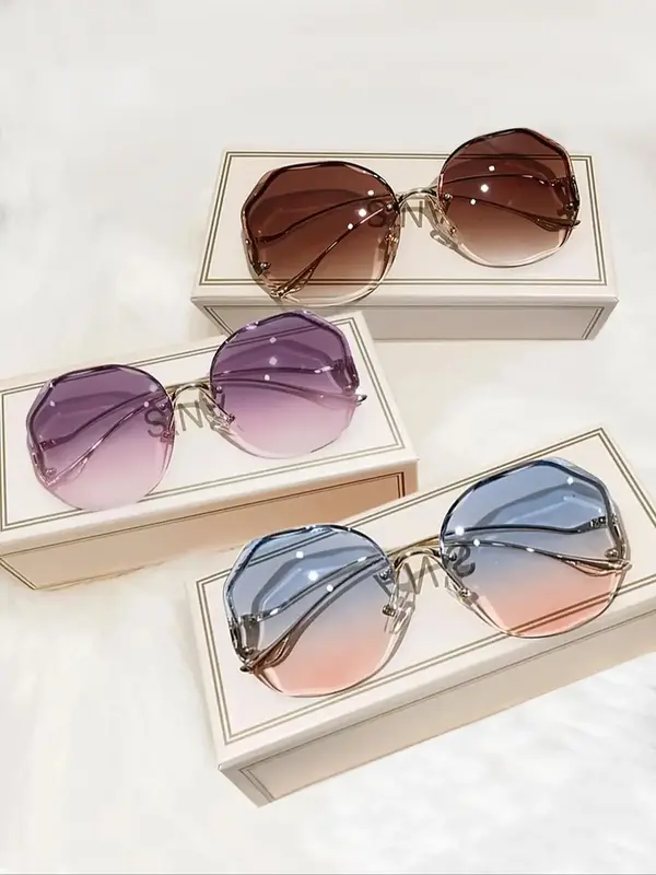 Simple Tinted Lens Glasses for Everyday Use, Outdoor Large Size Geometric Rimless Fashion Glasses , Travel Accessories, Natio...