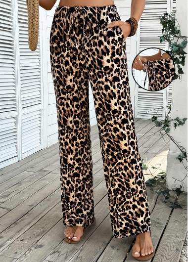 Modlily Light Coffee Pocket Leopard Wide Leg Elastic Waist Pants - M