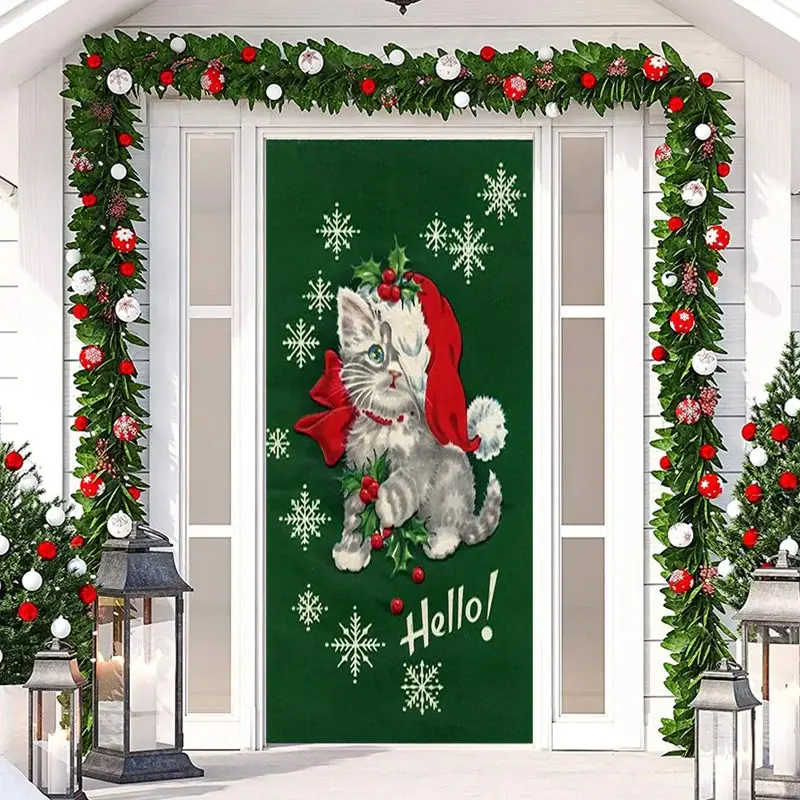 Hello Cat Green Snowflake Door Cover For Christmas - Aperturee