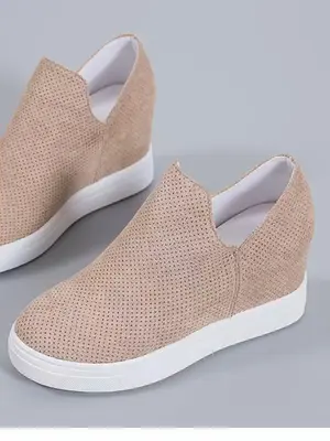 Women's Minimalist Plain Color Slip on Wedge Sneakers, Casual Comfortable Round Toe Wedge Shoes for Daily Wear, Breathable Sh...