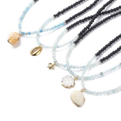 Natural Aquamarine & Lava Rock Beaded Necklace with Brass Charm