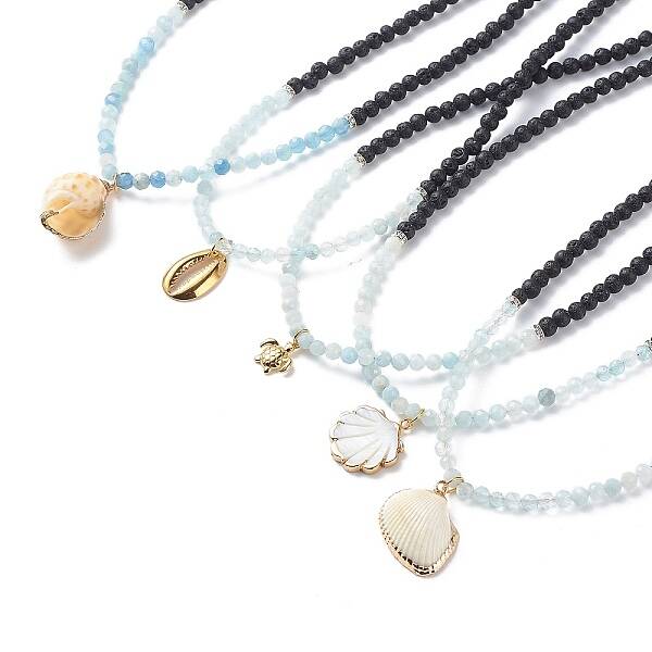 Natural Aquamarine & Lava Rock Beaded Necklace with Brass Charm