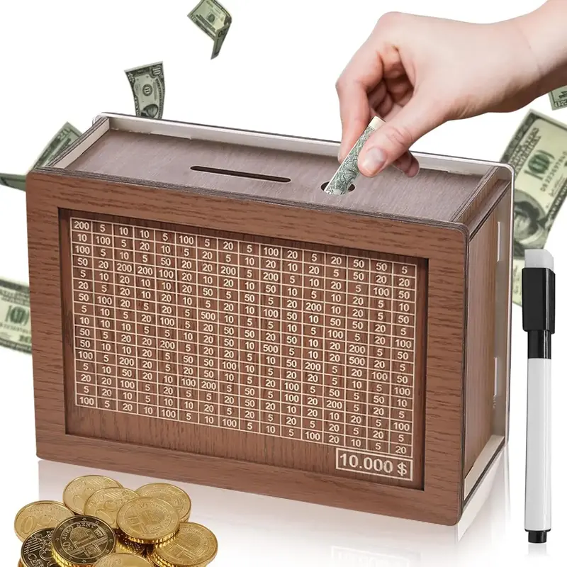 Wooden Money Box Money Bank, Countdown Money Saving Box with 10000 Dollars Target, Money Box with Money Target and Numbers to...