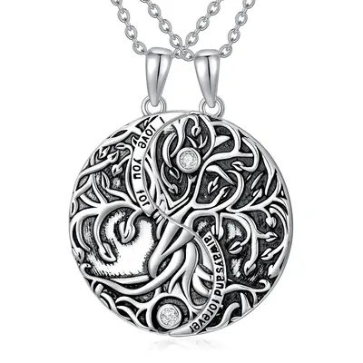 Sterling Silver Circular Shaped Crystal Tree Of Life & Yin Yang Pendant Necklace with Engraved Word