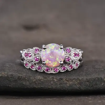 Floral Pink Fire Opal Engagement Ring Set  14k/18k White Gold