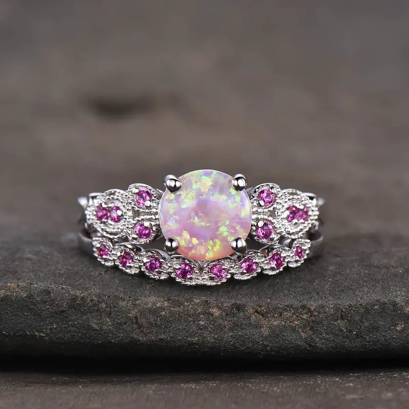 Floral Pink Fire Opal Engagement Ring Set  14k/18k White Gold