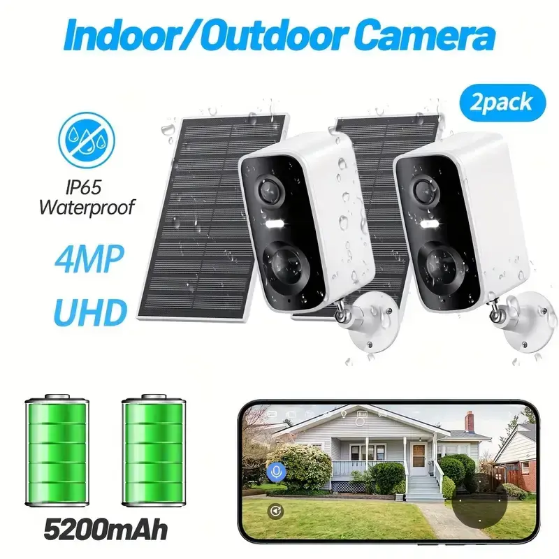 Solar Security Camera Wireless Outdoor/Indoor,  Battery Rechargeable Waterproof Continuous Power, Color Night Vision, SD Card...