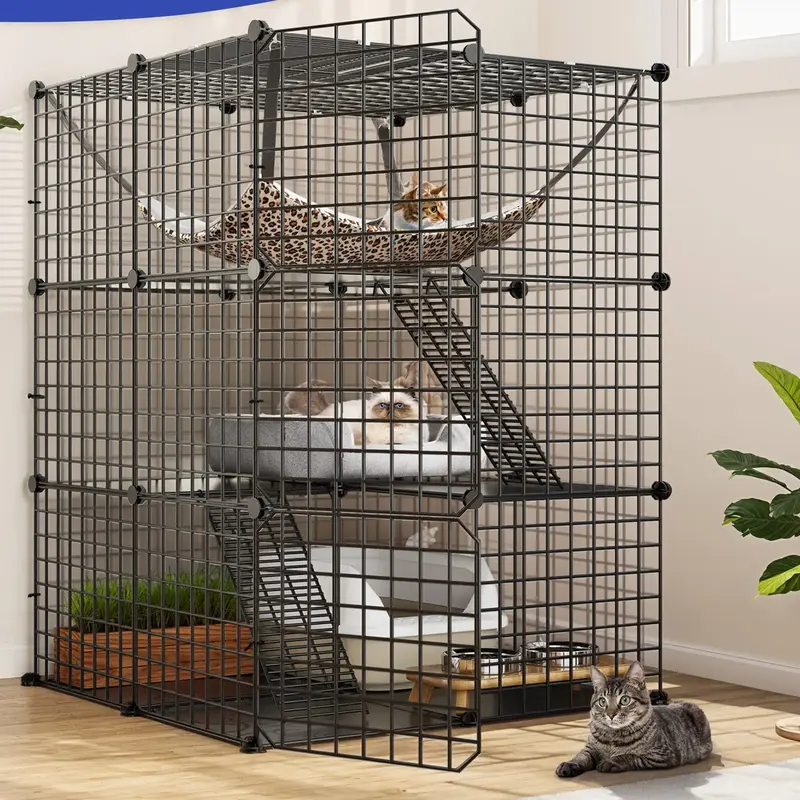 DWVO Cat Cage Indoor Catio DIY Cat Enclosures Metal Cat Playpen 2/3/4-Tiers Kennels Pet Crate with Extra Large Hammock for Ca...