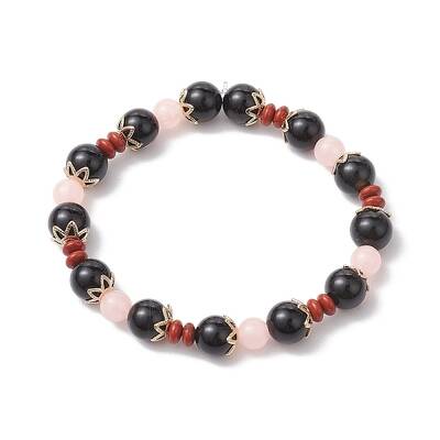 Natural Red Jasper & Black Onyx(Dyed & Heated) & Luminous Acrylic Beaded Stretch Bracelets for Women Men