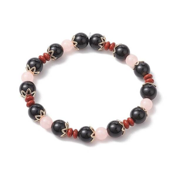 Natural Red Jasper & Black Onyx(Dyed & Heated) & Luminous Acrylic Beaded Stretch Bracelets for Women Men