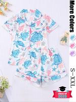 Women's All Over Turtle Print Top & Elastic Waist Shorts Pyjama Two-piece Set, Casual Cute Comfy Short Sleeve Top & Shorts Pj...
