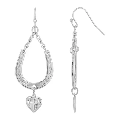 Silver-Tone Horseshoe and Heart with Cross Drop Earrings