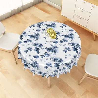 White And Blue Floral Ink Patterns Round Tablecloth - Aperturee