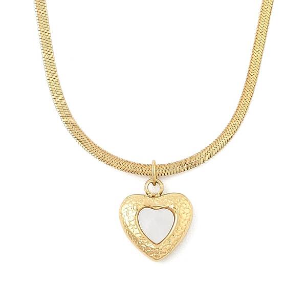 Ion Plating(IP) 304 Stainless Steel & Shell Heart Pendant Flat Snake Chain Necklaces for Women