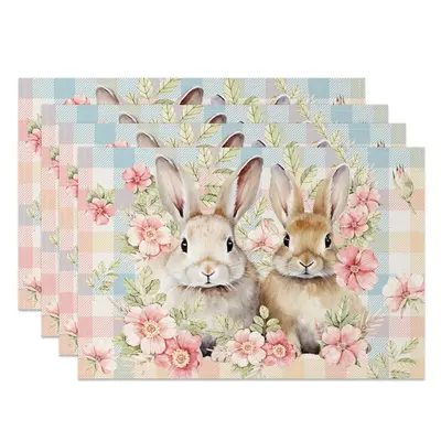 Aperturee Spring Pink Floral Bunny Easter Set Of 4 Placemats, 14x12 Inch, 15.8 USD, NYLX00518-S, placemats