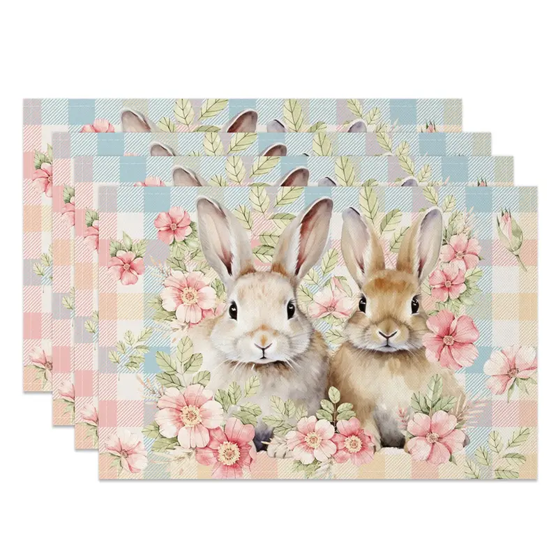 Aperturee Spring Pink Floral Bunny Easter Set Of 4 Placemats, 14x12 Inch, 15.8 USD, NYLX00518-S, placemats