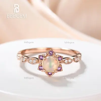Dainty 0.5 Carat Round Cut Opal Engagement Ring Amethyst Halo Rose Gold