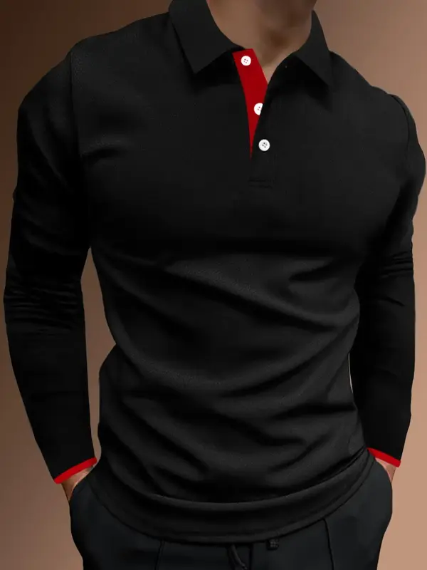 Men's Regular Fit Contrast Binding Button Front Polo Shirt, Men's Clothing Outfits, Casual Long Sleeve Half Placket Collared ...