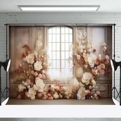 Retro Luxury Pink Floral Window Backdrop For Photo - Aperturee