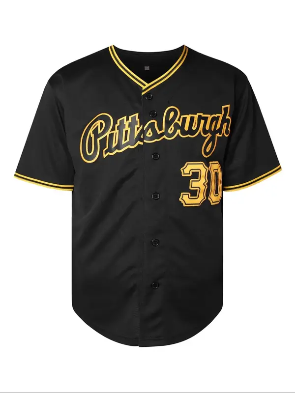 Men's Letter & Figure Embroidery Contrast Binding Short Sleeve Baseball Jersey, Soccer Jerseys, Loose Casual Button Front Bas...