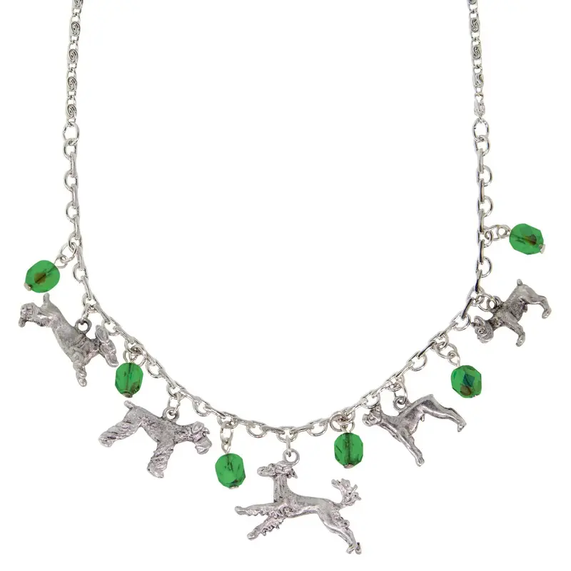 Silver Tone Green Crystal Beaded Multi Dog Drop Necklace 16\