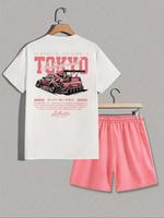 Two-piece Set Men's Car Print Tee & Shorts, Regular Fit Casual Round Neck Short Sleeve T-shirt & Track Shorts, Men's Shortsle...