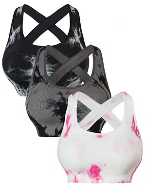 Women's Tie Dye Print Criss Cross Backless Sports Vest, Fall Outfits, Back To School Scoop Neck Seamless Sports Top Fall, Wei...