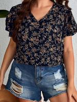 【Plus Size】 Ditsy Floral Print Blouse without Bottom, Bohemian Casual Short Sleeve V Neck T-Shirt for Summer, Women's Plu...