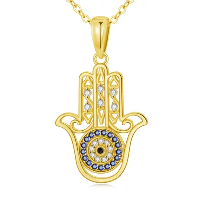 14K Gold Circular Shaped Cubic Zirconia Evil Eye & Hamsa Hand Pendant Necklace