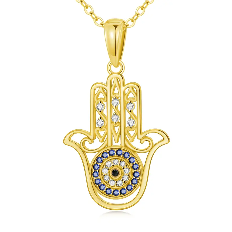 14K Gold Circular Shaped Cubic Zirconia Evil Eye & Hamsa Hand Pendant Necklace
