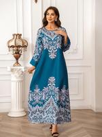 Women's Floral Pattern Faux Pearl Decor Longsleeves Dress, Elegant Round Neck Long Dress for Party Wedding Guest, Ladies Isla...