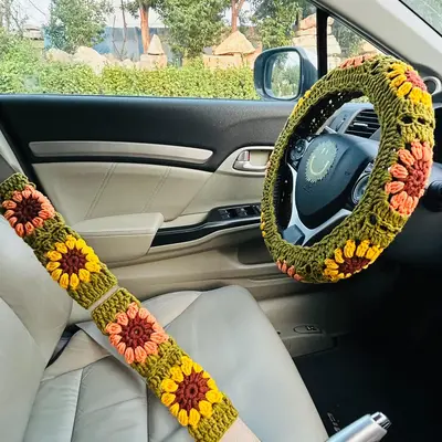 Sunflower Pattern Car Steering Wheel Cover, Non-slip Car Steering Wheel Protector, Universal Car Seat Belt Decorative Cover F...