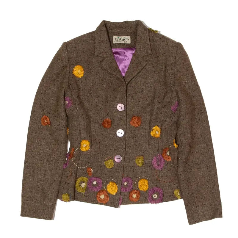 D'ANGE Embroidered Floral Blazer Jacket Brown Wool 80s Womens S