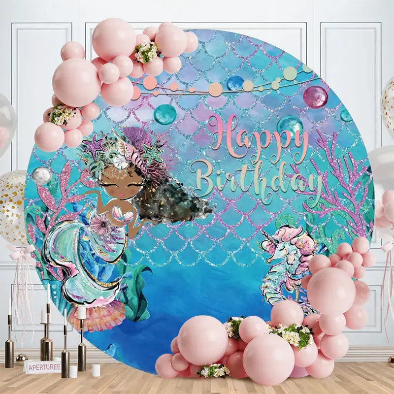 Aperturee Circle Glitter Dream Mermaid Happy Birthday Backdrop