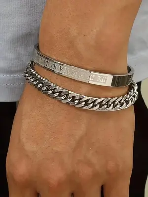 Simple Plain Stainless Steel Matching Bracelets for Men, Link Chain Bracelet & Roman Numerals Design Bangle, Fashion All-matc...
