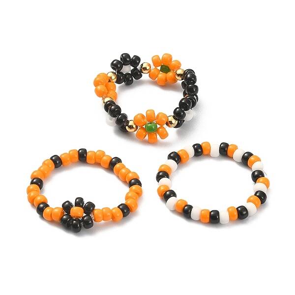 3Pcs 3 Style Glass Seed Beaded Flower Stretch Rings Set for Halloween