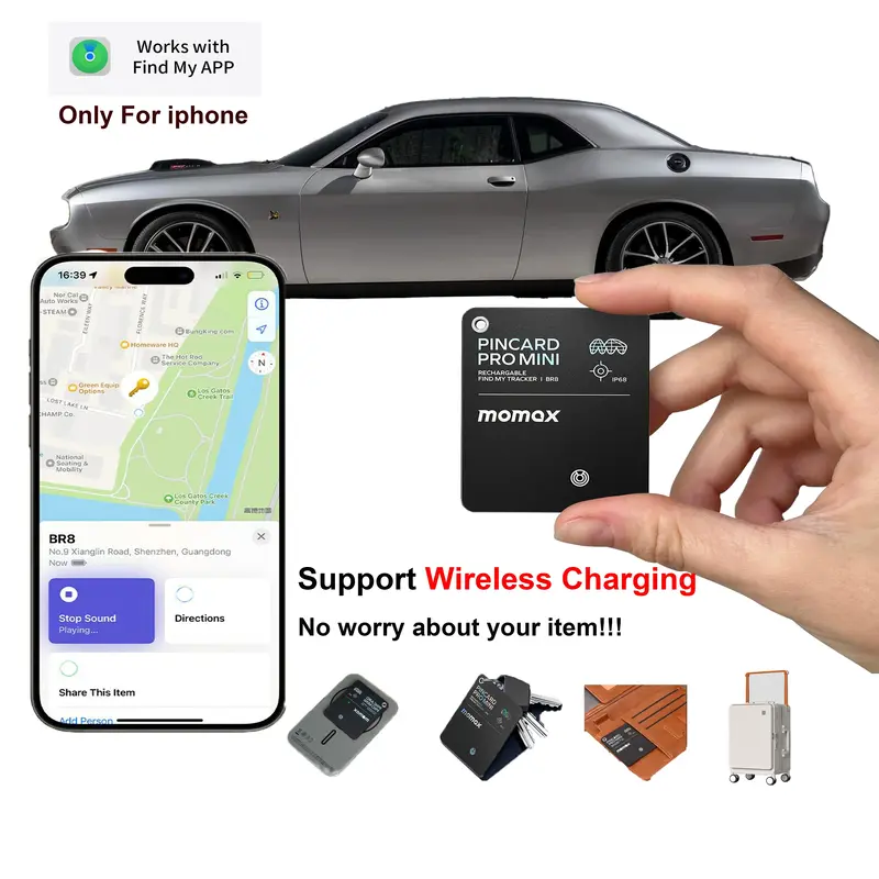 Momax BR8 Mini Card Tracker Compatible with Apple Find My GPS Waterproof Rechargeable Anti-Lost Device for Wallet Car Key Bla...