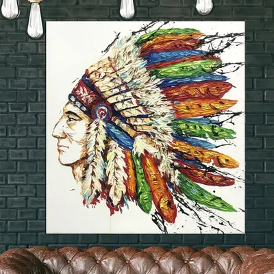 Large Framed Art Native American Painting Human Portrait Oil On Canvas | TRADITIONAL HEADWEAR