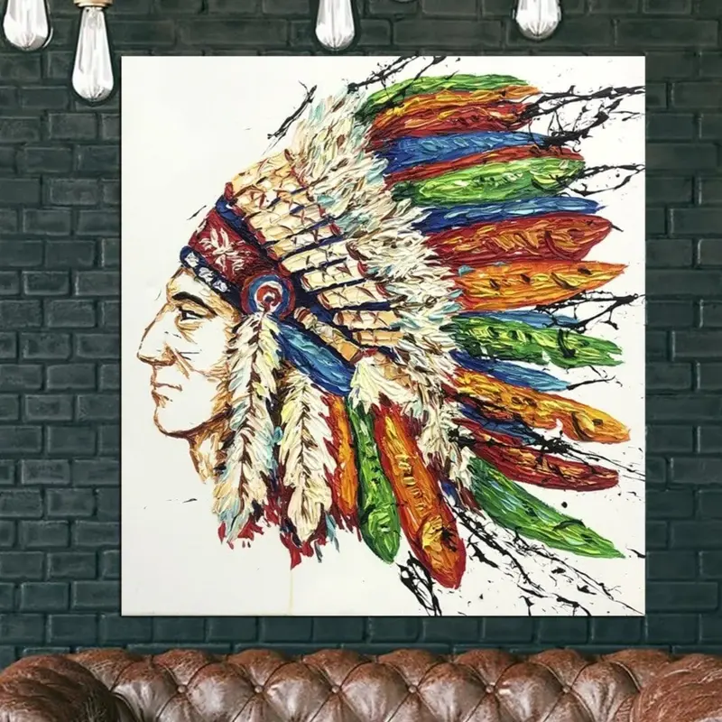Large Framed Art Native American Painting Human Portrait Oil On Canvas | TRADITIONAL HEADWEAR