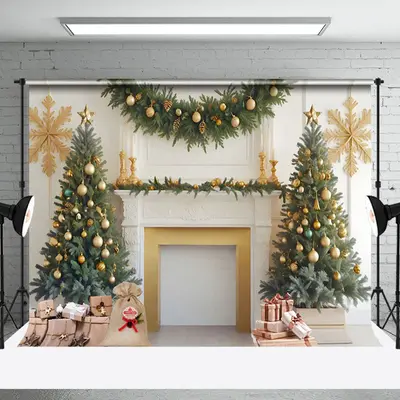 Aperturee Festive Christmas Scene Decorated Fireplace Backdrop