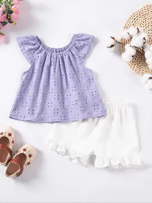 Two-piece Set Toddler Girl's Solid Ruffle Trim Tee & Pants Set, Cute Casual Round Neck Top & Trousers Outfit for Daily Wear, ...