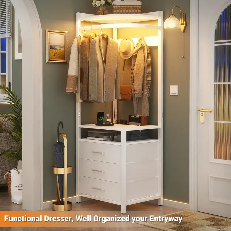 Cyclysio Corner Dresser with Hanging Rack, 70'' Tall Corner Closet with Power Outlets & LED Lights, Small Dresser with 3 Draw...