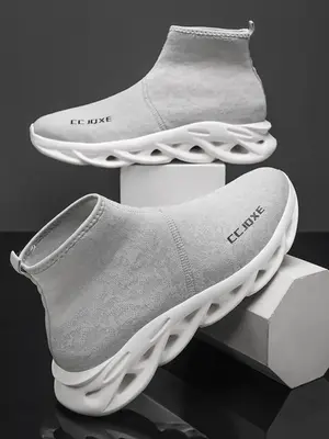 Men's Letter Pattern Lace Up High Top Sneakers, Casual Comfortable Breathable Sports Sock Running Shoes, Male All-match Round...