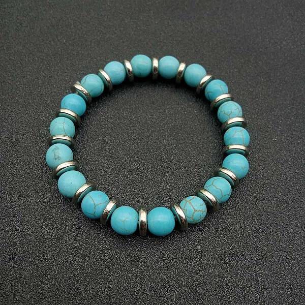Round Synthetic Turquoise Beaded Stretch Bracelets for Women Men