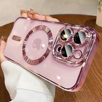 Luxury For Magsafe Magnetic For iPhone 16 15 14 13 12 11 Pro Max Plus Transparent Pink Soft Plating Lens Protection Case Cove...