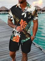 Two-piece Set Men's Tropical Print Shortsleeve Shirt & Shorts, Regular Fit Casual Short Sleeve Button Up Top & Shorts, Men's ...